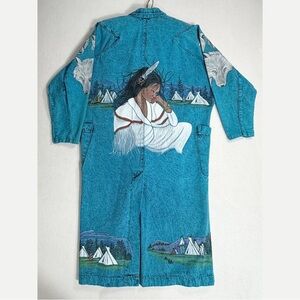 Vintage Apache by the West Plus Hand-Painted Denim Duster Jacket Wolves Native